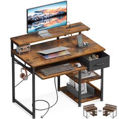 a computer desk with a keyboard, mouse and monitor on it next to other items