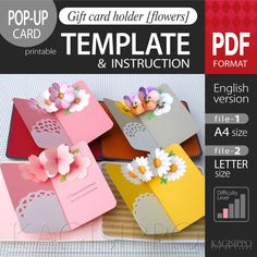 some cards with flowers on them and the words, pop up card template & instruction