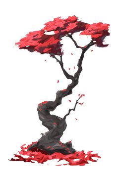 a painting of a tree with red leaves on it