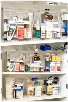 two shelves filled with different types of medical supplies