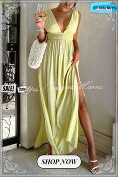 Easy Breezy Deep V Neck Vacation Maxi Dress Yellow Solid Color Maxi Dress For Vacation, Trendy Solid Color Maxi Dress For Summer, Trendy Maxi Dress For Brunch, Yellow Maxi Dress For Vacation, Yellow Solid Color Maxi Dress For Spring, Chic Solid Color Maxi Dress For Day Out, Casual Maxi Dress For Beach Season Date Night, Chic Maxi Dress For Spring, Casual Maxi Dress For Date Night At The Beach