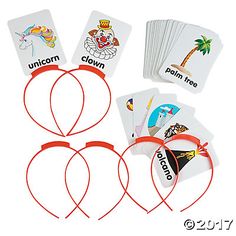 four children's playing cards with red string and matching headbands on white background