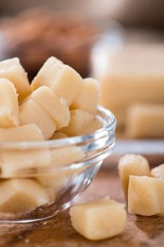 cubes of diced bananas in a glass bowl