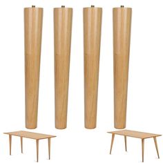 three wooden poles and two small tables with one end table on each side, all in different sizes