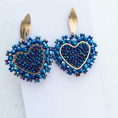 This Pair Of Earrings Is Handmade With Original Czech Crystal And Seed Beads. 24k Gold Plated Components. It Can Be Made In Any Color. Blue Earrings For Valentine's Day Party, Blue Heart Drop Earrings For Party, Blue Heart-shaped Drop Earrings For Party, Blue Heart Earrings For Party, Blue Heart-shaped Earrings For Party, Blue Dangle Heart Earrings For Party, Party Blue Beaded Earrings With Gold Beads, Gold Beaded Earrings For Valentine's Day Party, Valentine's Day Gold Beaded Earrings For Party