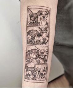 a person with a tattoo on their arm has four pictures of dogs in the same frame