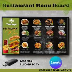 a restaurant menu board is shown with an easy to use plug - in tv charger