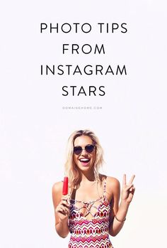 a woman in a bathing suit holding a red object with the words photo tips from instagram stars