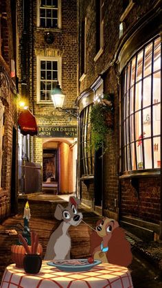 two cartoon mice sitting at a table in the middle of an alleyway with lights on