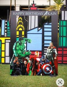 the avengers birthday card is on display in front of a sign that says happy birthday akin