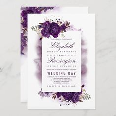 an elegant purple floral bridal shower card with watercolor flowers and greenery on the front