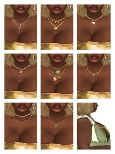 multiple images of different necklaces on a woman's neck and chest, with the same