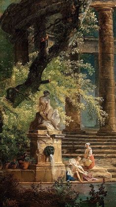 a painting of people sitting on steps in front of some trees and bushes, near a fountain