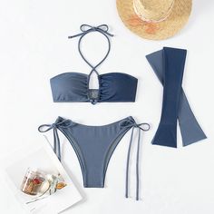 Elevate your beachwear game with our stunning Solid Color Beach Vacation Three-Piece Swimwear Set. Crafted for both style and comfort, this set includes a fashionable bikini top, chic bottoms, and a versatile neck strap. Made from high-quality materials, it ensures durability and a flattering fit for all body types. Whether you're lounging by the poolside or soaking up the sun on sandy shores, this ensemble promises to make a statement. Embrace elegance and confidence with our must-have swimwear Bandeau Swimwear For Beach Season Vacation, Bandeau Swimwear For Vacation Beach Season, Bandeau Swimwear For Beach Vacation, Blue Bandeau Swimwear For Vacation, Bandeau Swimwear For Beach Season, Bandeau Beachwear Swimwear For Vacation, Bandeau Beachwear For Beach Season, Vacation Bandeau Beachwear Swimwear, Swimsuit Pattern