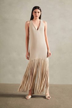 Tricot Beige Knit Long Dress with Fringes Luxury Fringe Summer Dress, Evening Fringed Floor-length Maxi Dress, Luxury Fitted Fringe Maxi Dress, Summer Beachwear Crochet Dress With Fringe, Chic Fringed Floor-length Dress, Black Sandals Flat, Long Knitted Dress, Fringe Fashion, Urban Looks