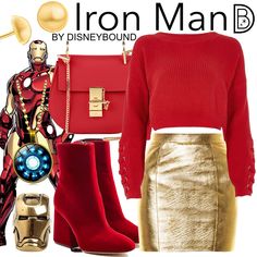 a woman in red sweater and gold skirt with iron man bag, shoes and handbag