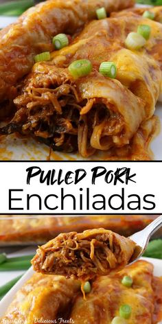 A double photo collage of enchiladas on a plate with a bite on a fork. Bbq Pork Wraps, Leftover Pork Roast Enchiladas, Pork Shoulder Enchiladas, Ideas For Shredded Pork, Pulled Pork Bubble Up, Pulled Pork Burritos Recipe, Bbq Pulled Pork Burritos, Pulled Pork Enchiladas Verde, Shredded Pork Dinner Recipes