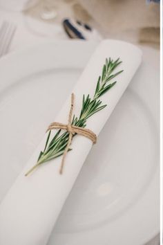 a white plate topped with a napkin covered in green sprigs and twine