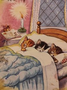 two kittens sleeping on a bed with a lit candle in the corner and an open book