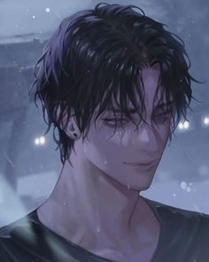 a young man with black hair standing in the rain