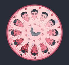 a group of people standing in a circle on top of a pink and black background