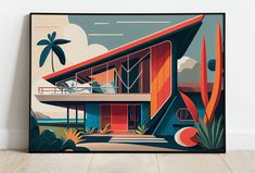 a painting on the wall of a house with cactus and palm trees in the background