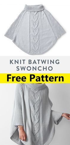 a woman wearing a gray sweater with the words knit batwing swoncho on it