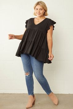 EntroCasual soft solid V neck ruffle cap sleeve babydoll top. Tiering detail. Unlined, knit. Stretchy fabric. Totally cute!Color: BlackSizes: XL-1X-2XBust 44-46-4894% Polyester, 6% Spandex, importedF2/6580P Babydoll Top, Neck Ruffle, Cap Sleeve, Cap Sleeves, Peplum Top, Baby Dolls, Open Shoulder Tops, Spandex, V Neck