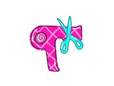 the letter p is made up of pink and blue plaid fabric with scissors on it