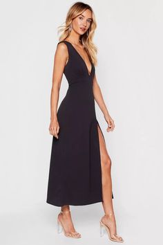 Plunging V-Neckline Split Midi Dress | Nasty Gal Plunge Neck Midi Dress, Tall Dress, Fall Chic, Made Dress, Tall Dresses, The Drama, Tall Women, Dance Dresses, Black Midi Dress