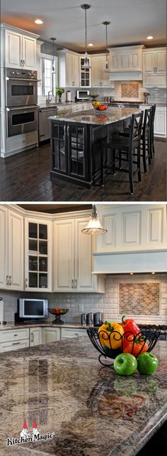 two pictures of a kitchen with white cabinets and granite counter tops, one has fruit in a bowl on the island