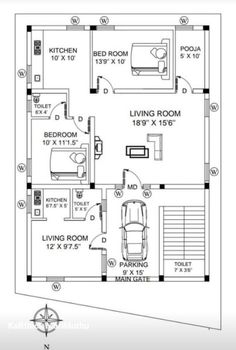 the floor plan for a small house with two bedroom and living room, including an attached garage