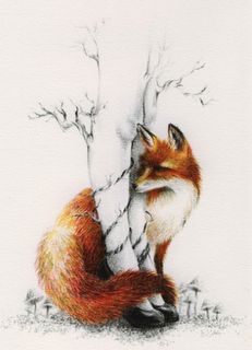 a drawing of a fox sitting next to a tree