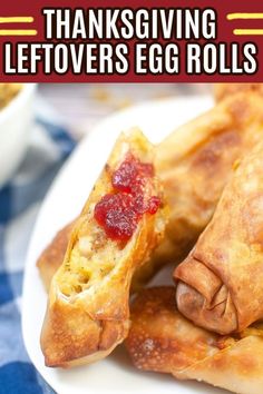 thanksgiving leftovers egg rolls on a white plate