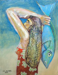 a painting of a woman holding a fish