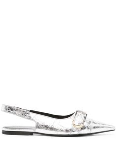 silver-tone calf leather cracked effect decorative buckle detail elasticated slingback strap pointed toe branded leather insole flat leather sole Designer Silver Leather Slingback Pumps, Silver Ballerina Flats, Tone Calves, Leather Jewellery, Silver Flats, Leather Finish, Ballerina Shoes, Fine Watches, Silver Shoes