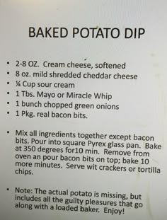 the recipe for baked potato dip is displayed on a white board with black writing in it