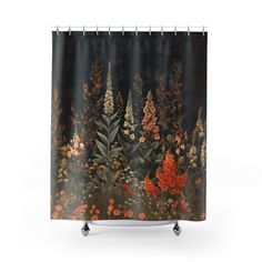 a shower curtain with an image of trees and flowers in the woods on black background