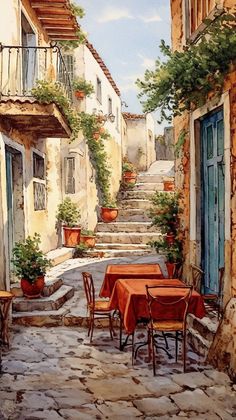 a painting of an alleyway with tables and chairs