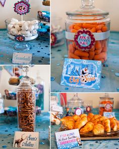 there are many different pictures of food on the table with name tags and place cards