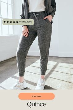 These women's performance joggers feature our ultra-soft Flowknit fabric. Featuring a slim but relaxed fit with the perfect amount of stretch for ultimate comfort. They'll be your new everyday pant.  | Quince | Women's Super Soft Performance Joggers in Heather Grey, Flowknit Activewear, Recycled Polyester, Size XL Everyday Pants, Quince, Active Wear For Women, Heather Grey, Mid Rise, Active Wear, Stockings, Slim Fit, Relaxed Fit