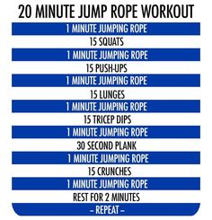 the 20 minute jump rope workout for beginners is shown in blue and white stripes