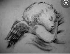 a drawing of a baby with angel wings on it's back, resting its head on his arm