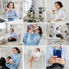 a woman sitting on a couch holding a cell phone