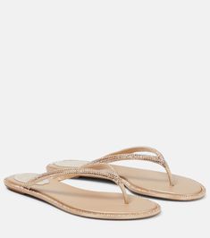 Diana Embellished Satin Thong Sandals in Beige - Rene Caovilla | Mytheresa Beige Flip Flops, Designer Sandals Flat, Rene Caovilla Shoes, Fancy Sandals, Coral Sandals, Bag Lining, Leather Thong Sandals, Rene Caovilla, Shades Of Beige