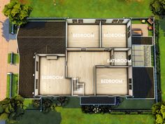 an aerial view of a house with three rooms and two bathrooms on the second floor