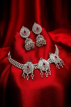 Buy Women's Oxidized Necklace Set in Silver Maroon Necklace, Oxidized Silver Necklace, Oxidized Necklace, Silver Necklace Set, Indian Jewellery Design Earrings, Color Necklace, Silver Jewelry Design, Choker Necklace Set, Metal Necklace