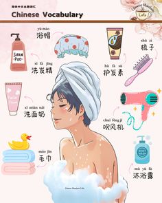 a man with a towel on his head in the bathtub surrounded by various items