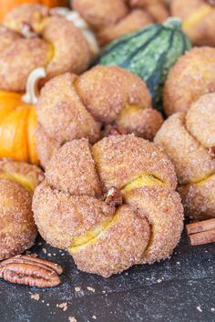 some sugared donuts with pecans and pumpkins around them on a table