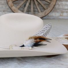 This handmade arrangement of feathers is the perfect way to set your hat apart from the rest. Simply tuck into the band of any hat. Made with a mix of silver pheasant and rooster feathers. Approximately 7.5 inches long, sizes may vary due to being made with natural materials. Includes: 1 Handmade Arrangement of Feathers How to use: Tuck into the hat band of any hat. Approx. 7.5 inches - sizes may vary slightly *Hat not included. Western Felt Hat With Feathers For Kentucky Derby, Western Style Brimmed Top Hat With Feathers, Western Hat Band With Feathers For Kentucky Derby, Western Mini Hat With Feathers For Country Events, Western Mini Hat With Feathers For Rodeo, Western Fedora Mini Hat With Feathers, Western Style Fedora Mini Hat With Feathers, Western Mini Fedora With Feathers, Western Style Mini Fedora With Feathers